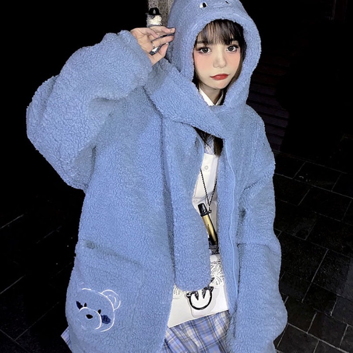 Karley Áo Khoác Lông Cừu Dày Dặn Dáng Rộng Thêu Hình Gấu Có Túi Plus Size Cho Nữ