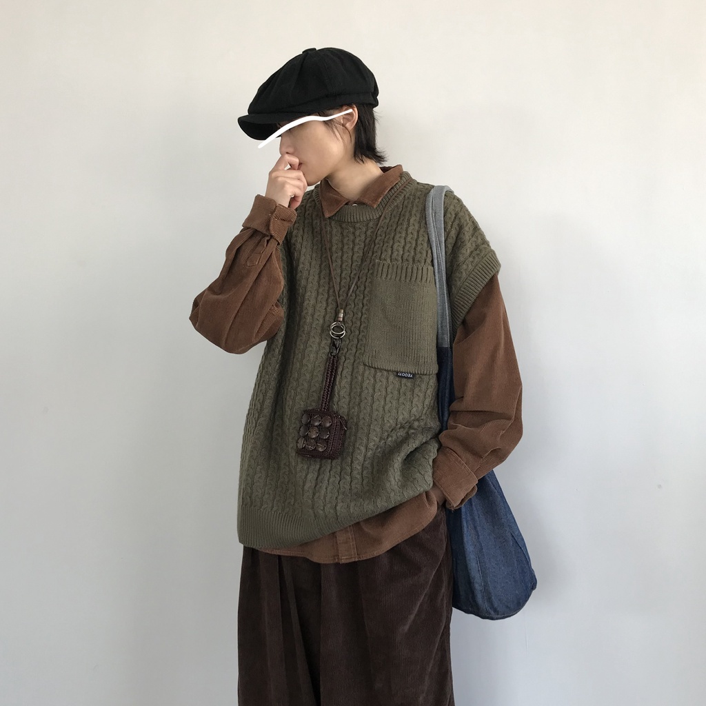 Áo Sweater Dệt Kim Không Tay Dáng Rộng Phong Cách Nhật Bản Thời Trang Thu Đông Mới Cho Nam