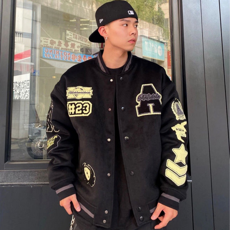Đen Áo Khoác Bóng Chày Vải Len Dáng Rộng Thêu Họa Tiết Kiểu Đường Phố Mỹ Thời Trang Xuân Thu Cho Nam Và Nữ