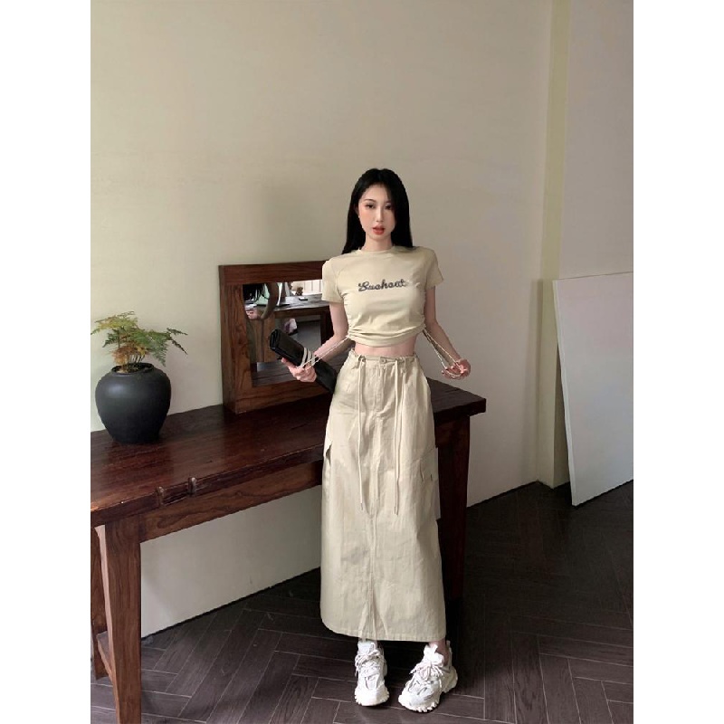 Bộ Áo Thun Ngắn Tay + Chân Váy Chữ A Lưng Cao Thời Trang Vintage Đơn Giản Cá Tính 2023