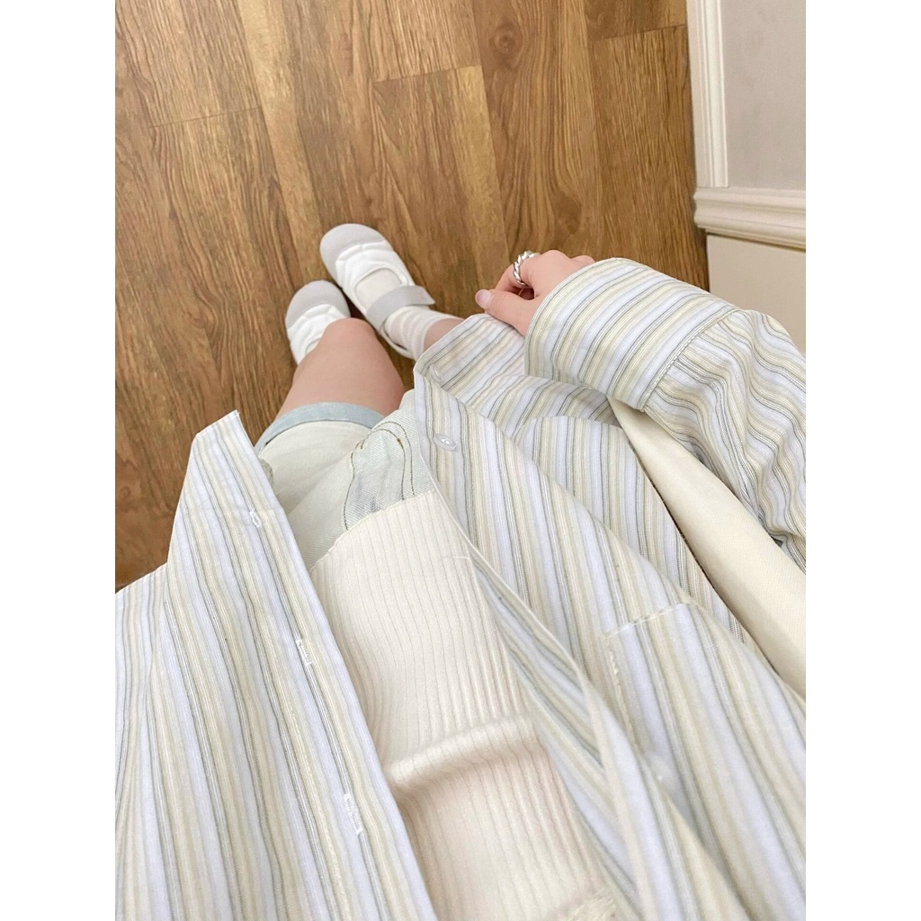 Áo Sơ Mi Chống Nắng Tay Dài Hở Vai Họa Tiết Kẻ Sọc Thời Trang Mùa Hè Phong Cách Hàn Quốc Cho Nữ