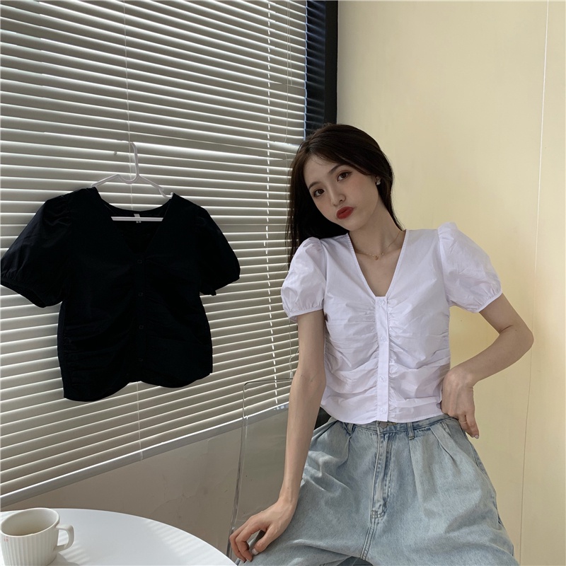 SUXI Áo Kiểu Tay Phồng Cổ Chữ V Màu Sắc Đơn Giản Phong Cách Hàn Quốc