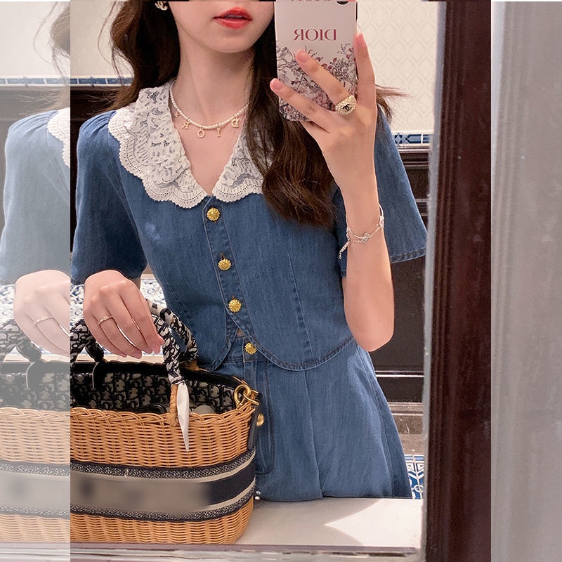 Đầm Chữ A Cổ Búp Bê Phối Ren Màu Xanh Dương Phong Cách Pháp Ngọt Ngào Thời Trang Mùa Hè Cho Nữ