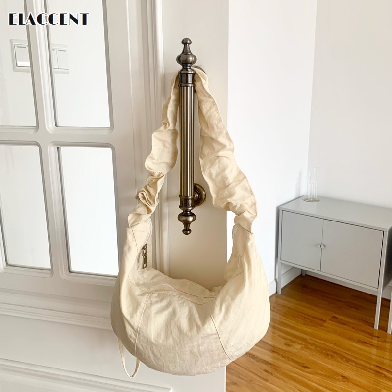 Túi đeo chéo vai ELACCENT bằng vải nylon nhỏ nhắn xếp ly có dây rút phong cách Hàn Quốc cho nữ