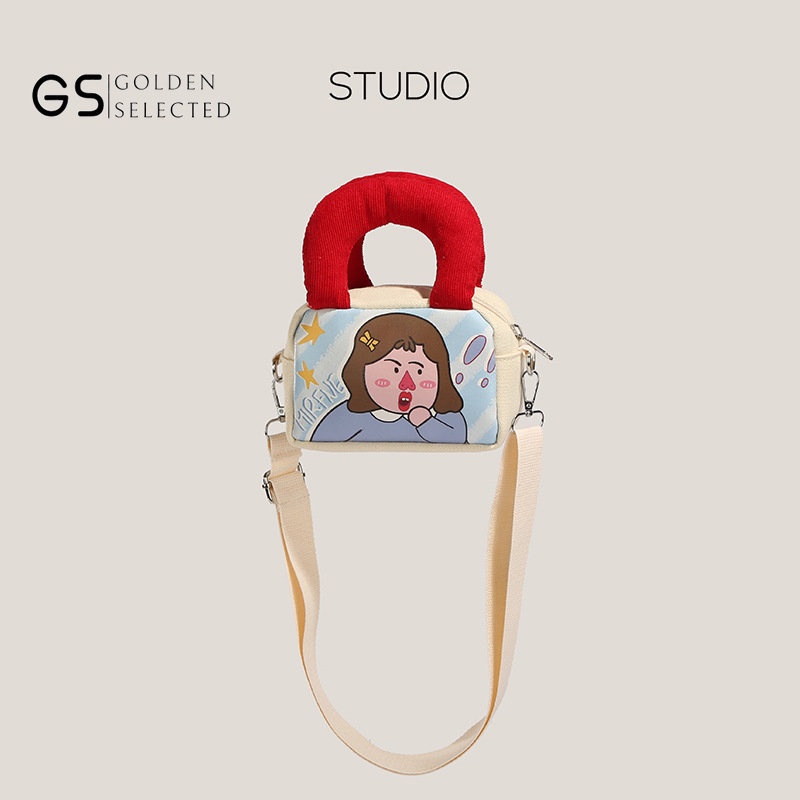 Túi Đeo Chéo Vải Canvas Dáng Vuông Nhỏ Phối Màu Tương Phản Dễ Thương Cho Bạn Gái