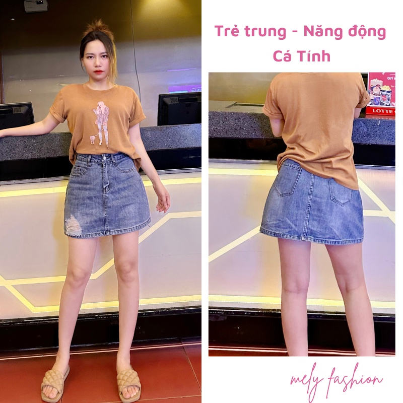 Chân váy Jean bò dáng ngắn chữ A nữ form bồng rách có quần trong bảo hộ tôn dáng phong cách Hàn quốc trẻ trung CV65