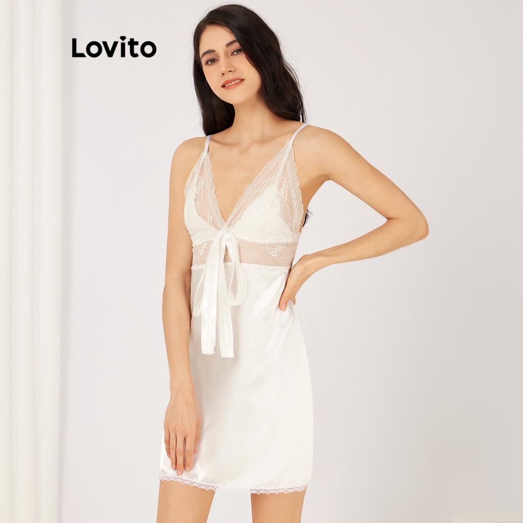 Đầm ngủ Lovito màu trơn phối nơ ren tương phản phong cách quyến rũ L23AD127 (màu trắng)