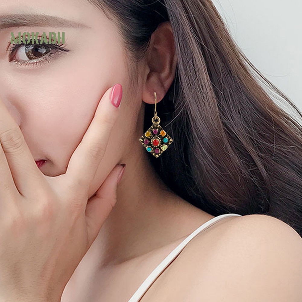 Bông Tai Hình Thoi Đính Đá Nhiều Màu Phong Cách Bohemian