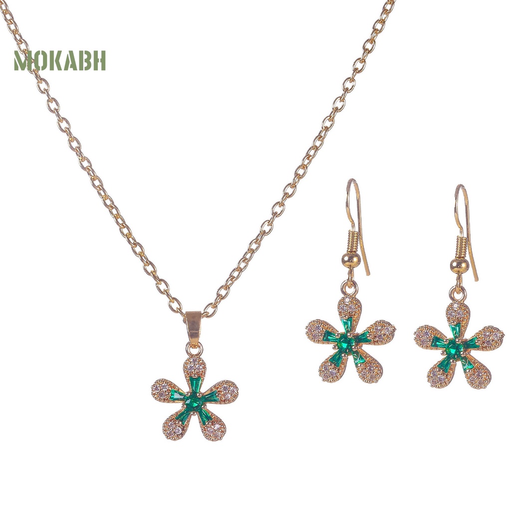 1 Bộ Vòng cổ + Bông Tai Đính Đá Zircon Hình Hoa Lấp Lánh Cho Nữ