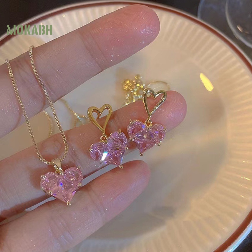 1 / 1 Cặp Vòng cổ / Bông Tai Hình Trái Tim Đính Pha Lê Thời Trang