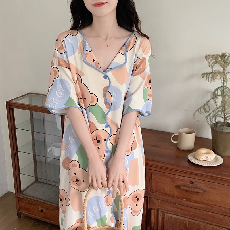 Đầm Ngủ Cotton Dáng Vừa In Họa Tiết Gấu Hoạt Hình Dễ Thương Thời Trang Mùa Hè Cho Nữ