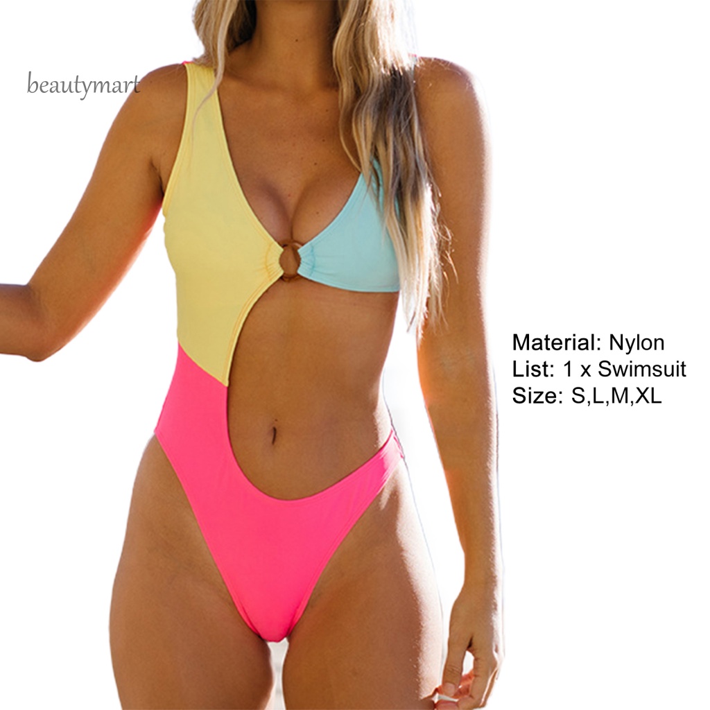 [beautymart] Bộ Đồ Bơi Liền Thân Lưng Cao Có Vòng Nối Dây Bản Rộng Màu Khối Gợi Cảm Mùa Hè Cho Nữ
