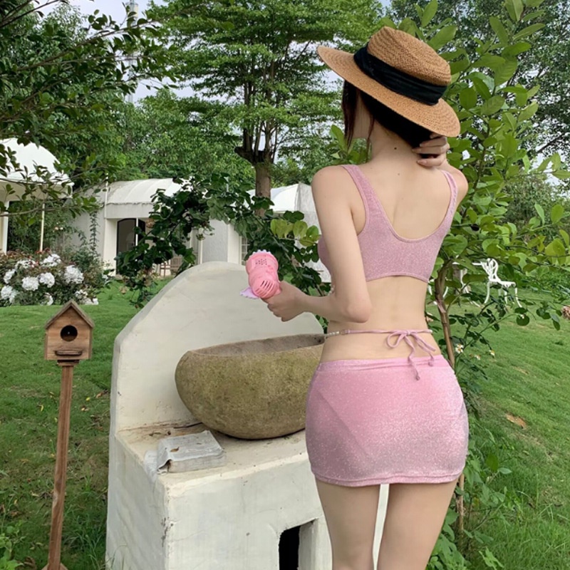 Bộ Đồ Bơi Ba Mảnh Màu Hồng Lưng Cao Thời Trang Quyến Rũ Cho Nữ