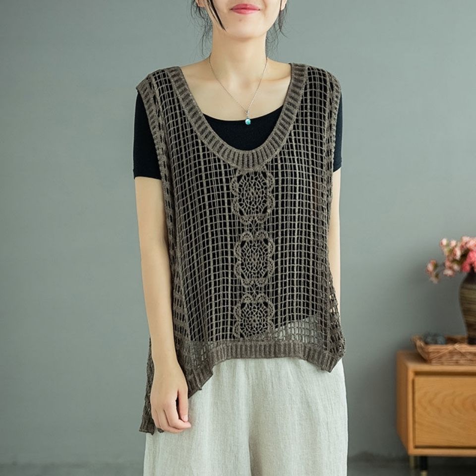 Áo Dệt Kim Cotton Cổ Yếm Không Tay Dáng Rộng Thoáng Khí Thêu Họa Tiết Thời Trang Mùa Hè Mới 2023