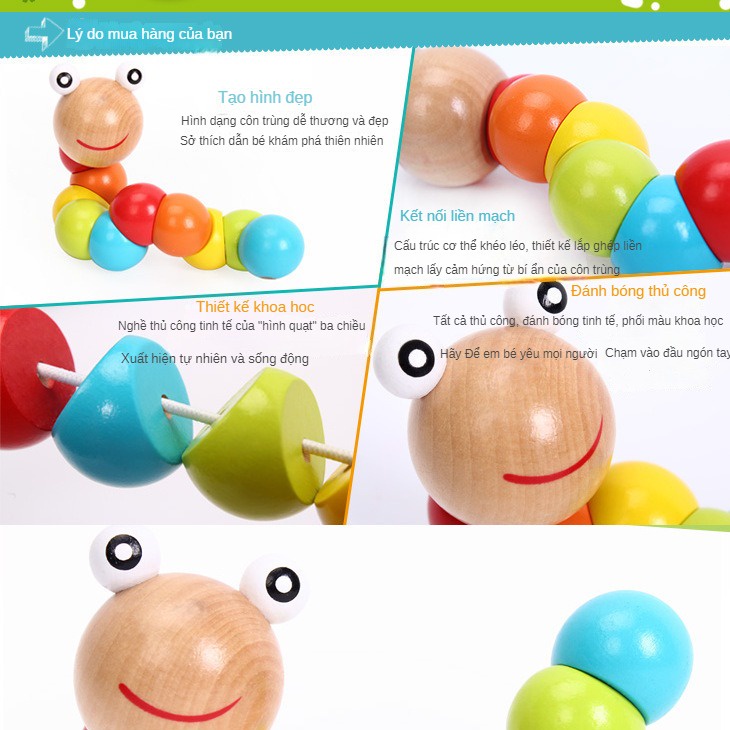 Đồ Chơi Sâu Gỗ Xoắn Nhiều Màu Phát Triển Trí Tuệ Cho Trẻ Em