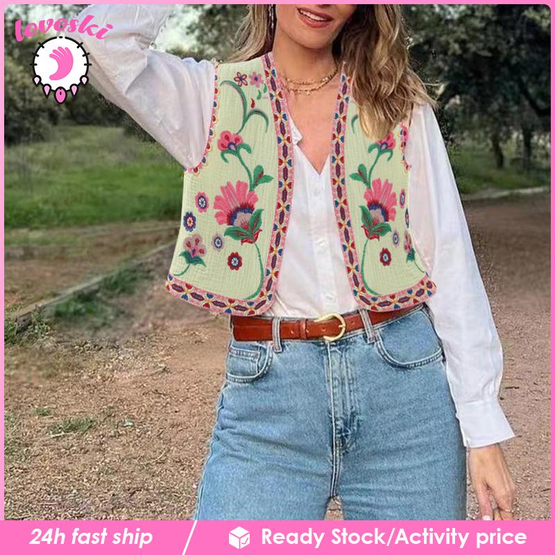 [Lovoski] Áo Crop Top Không Tay Thêu Hoa Phong Cách Cổ Điển Dành Cho Nữ