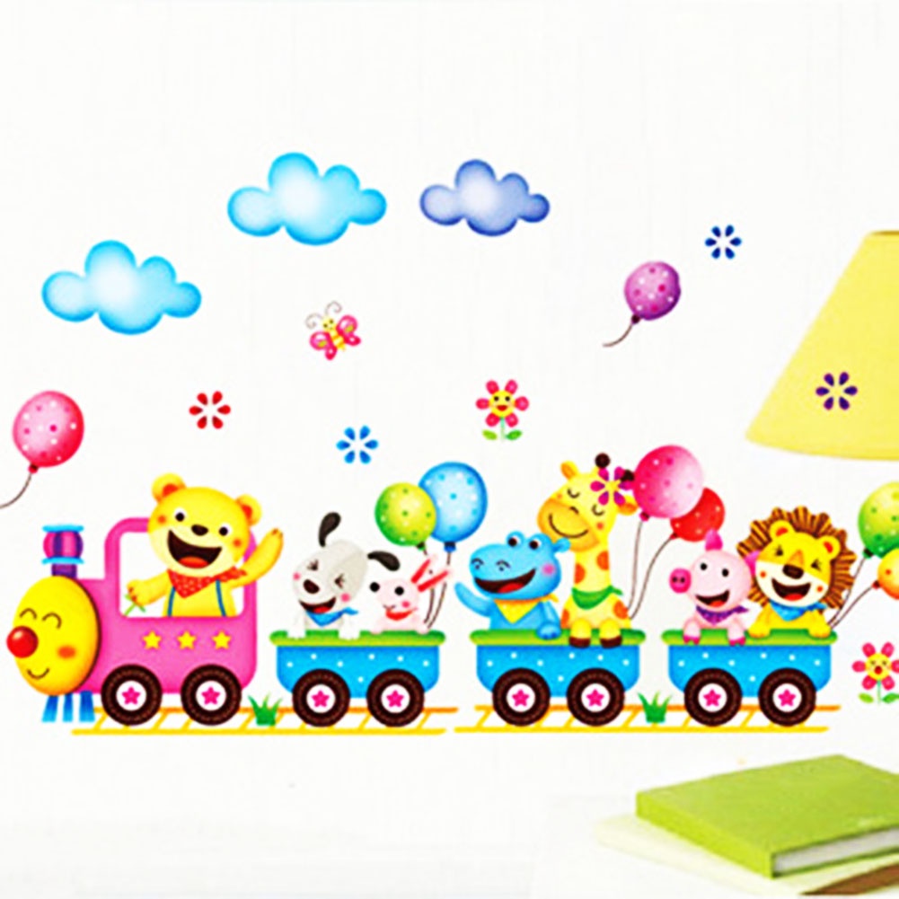 Miếng Dán Tường Trang Trí Hình Tàu Lửa Động Vật Tháo Rời Được DIY Dành Cho Phòng Ngủ Trẻ Em