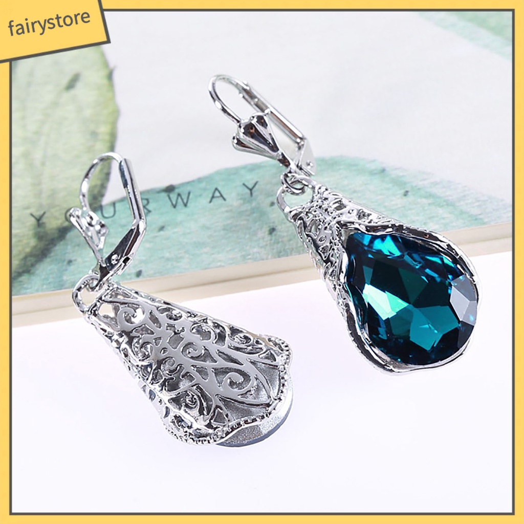 1 Cặp Bông Tai Đính Đá Hình Giọt Nước Màu Xanh Lá Phong Cách Retro