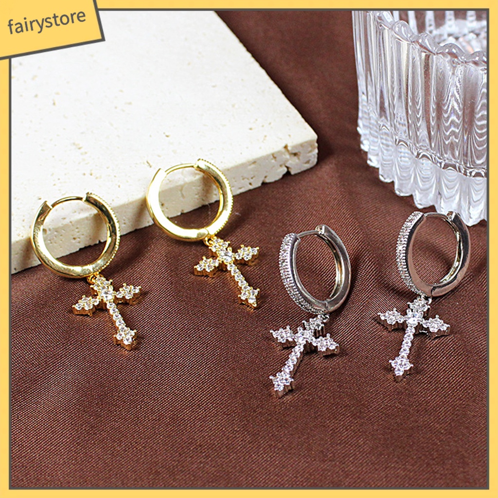 1 Đôi Bông Tai Hình Thánh Giá Đính Đá Zircon Lấp Lánh Dành Cho Nữ