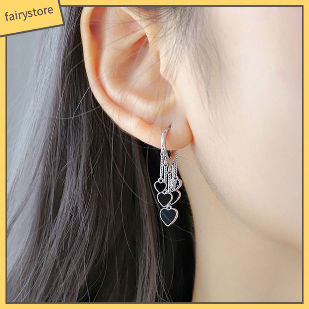 1 Đôi Bông Tai Tua Rua Hình Trái Tim Màu Đen Mạ Điện Thời Trang Cho Nữ