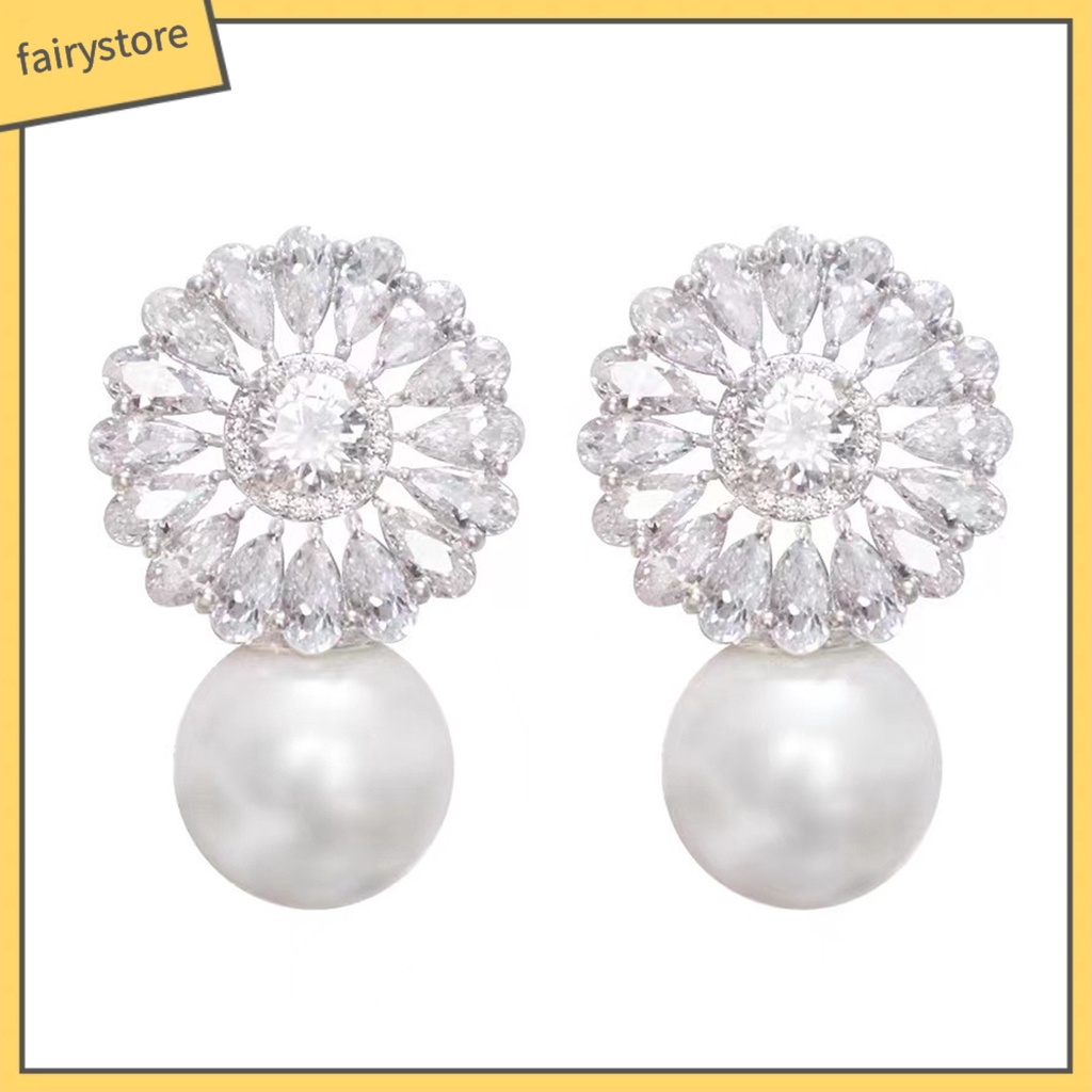 1 Đôi Bông Tai Dáng Dài Đính Đá Zircon Giả Hình Học Đính Ngọc Trai Thời Trang