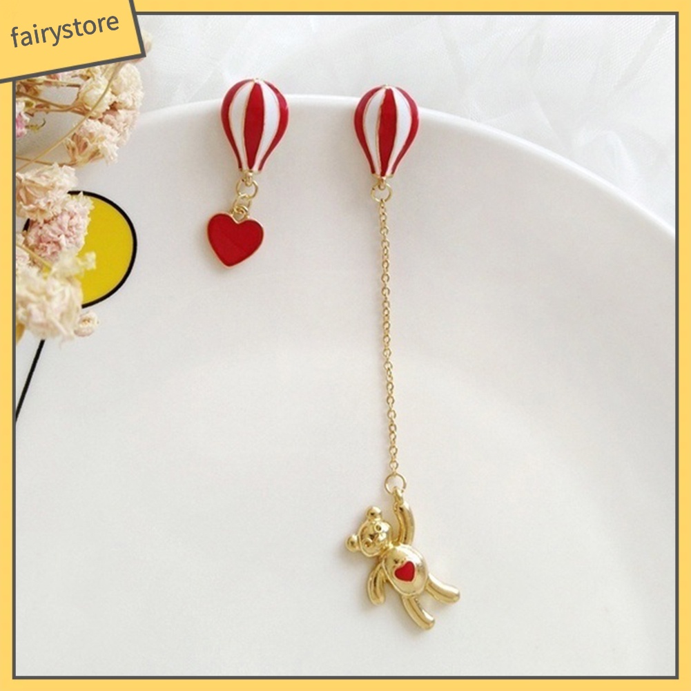 [FRO] Khuyên Tai Bất Đối Xứng Hình Khinh Khí Cầu Trái Tim Gấu Ngọt Ngào Cho Nữ