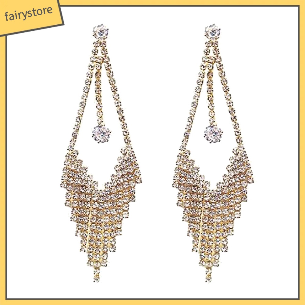 Bông Tai Dáng Dài Đính Đá Phối Tua Rua Sang Trọng Cho Nữ