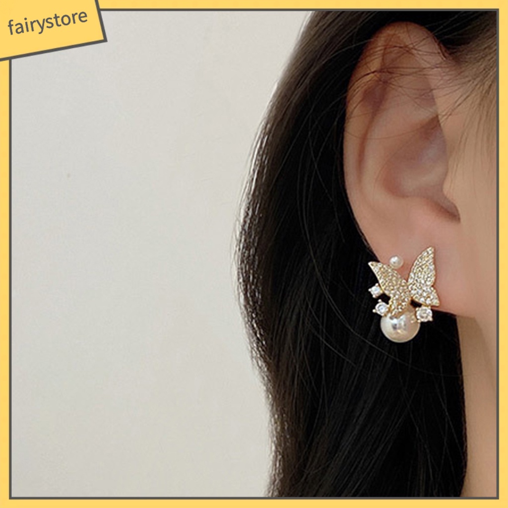 1 Đôi Bông Tai Hình Bướm Đính Ngọc Trai Giả Phong Cách Hàn Quốc Dành Cho Nữ