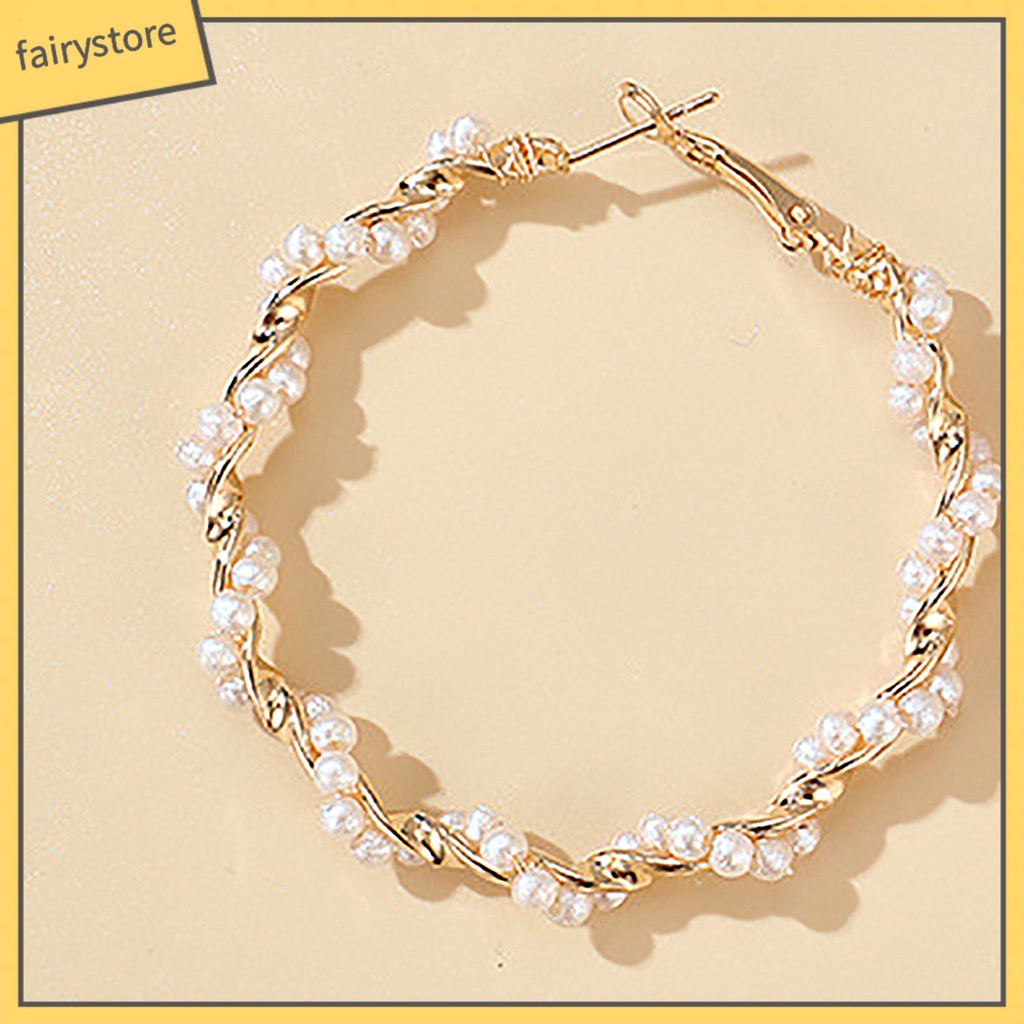 Khuyên Tai Dạng Vòng Tròn Lớn Đính Ngọc Trai Nhân Tạo Thời Trang