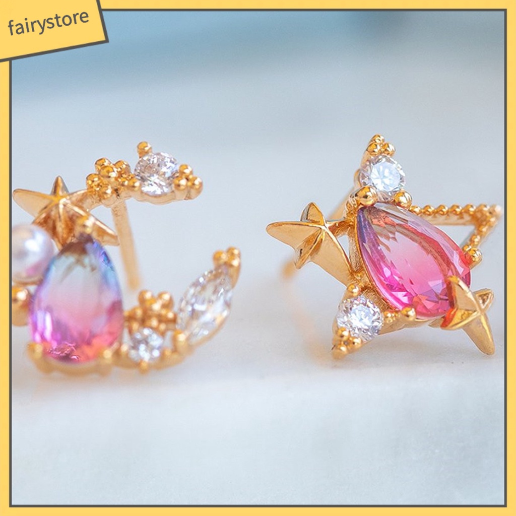 1 Đôi Khuyên Tai Hợp Kim Hình Trăng Sao Đính Đá Thời Trang