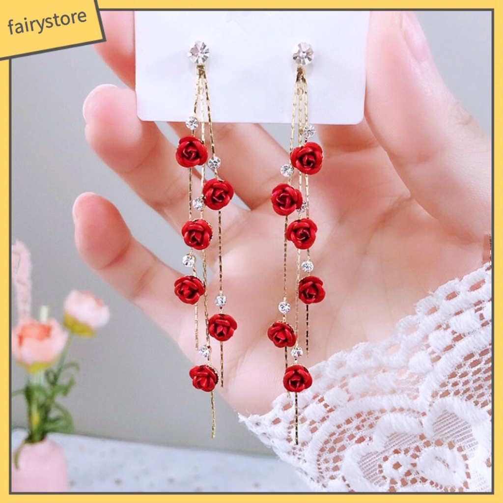 1 Đôi Bông Tai Dài Hình Hoa Hồng Đính Đá Lấp Lánh Dành Cho Nữ