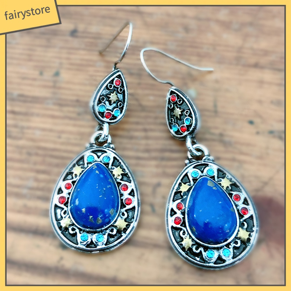 Bông Tai Hình Giọt Nước Đính Đá Ngọc Lam Giả Phong Cách Vintage Dành Cho Nữ