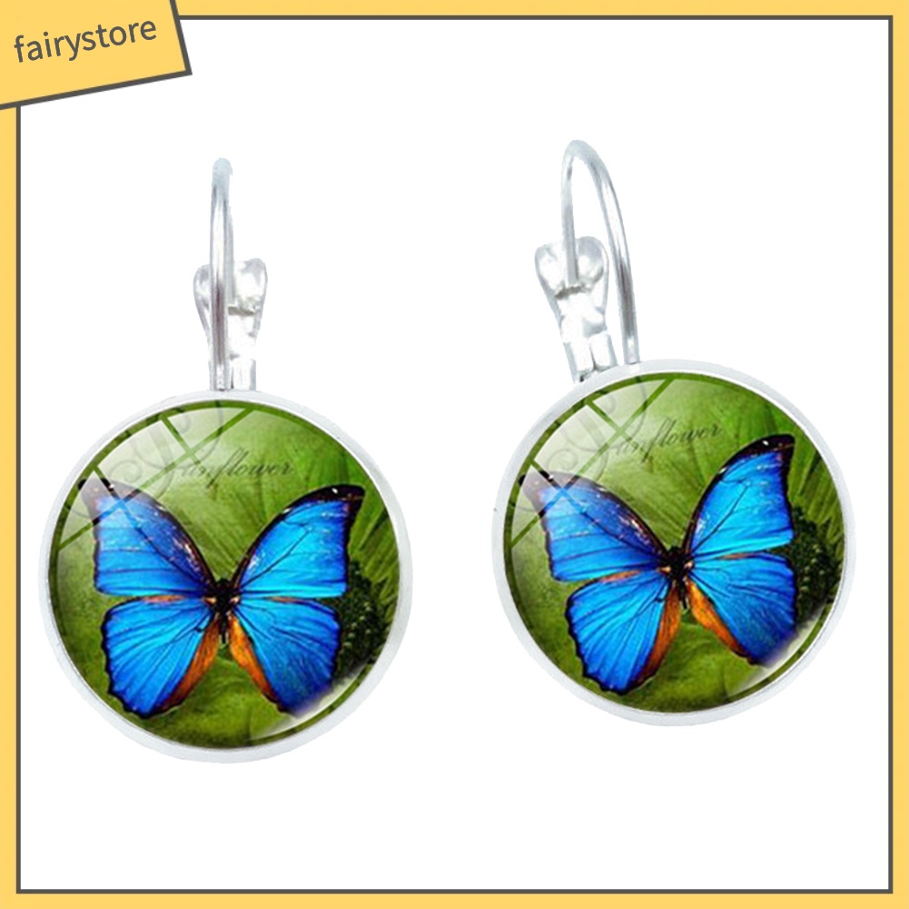 Bông Tai Tròn Mặt Kính Cabochon Hình Bướm Cổ Điển Cho Nữ