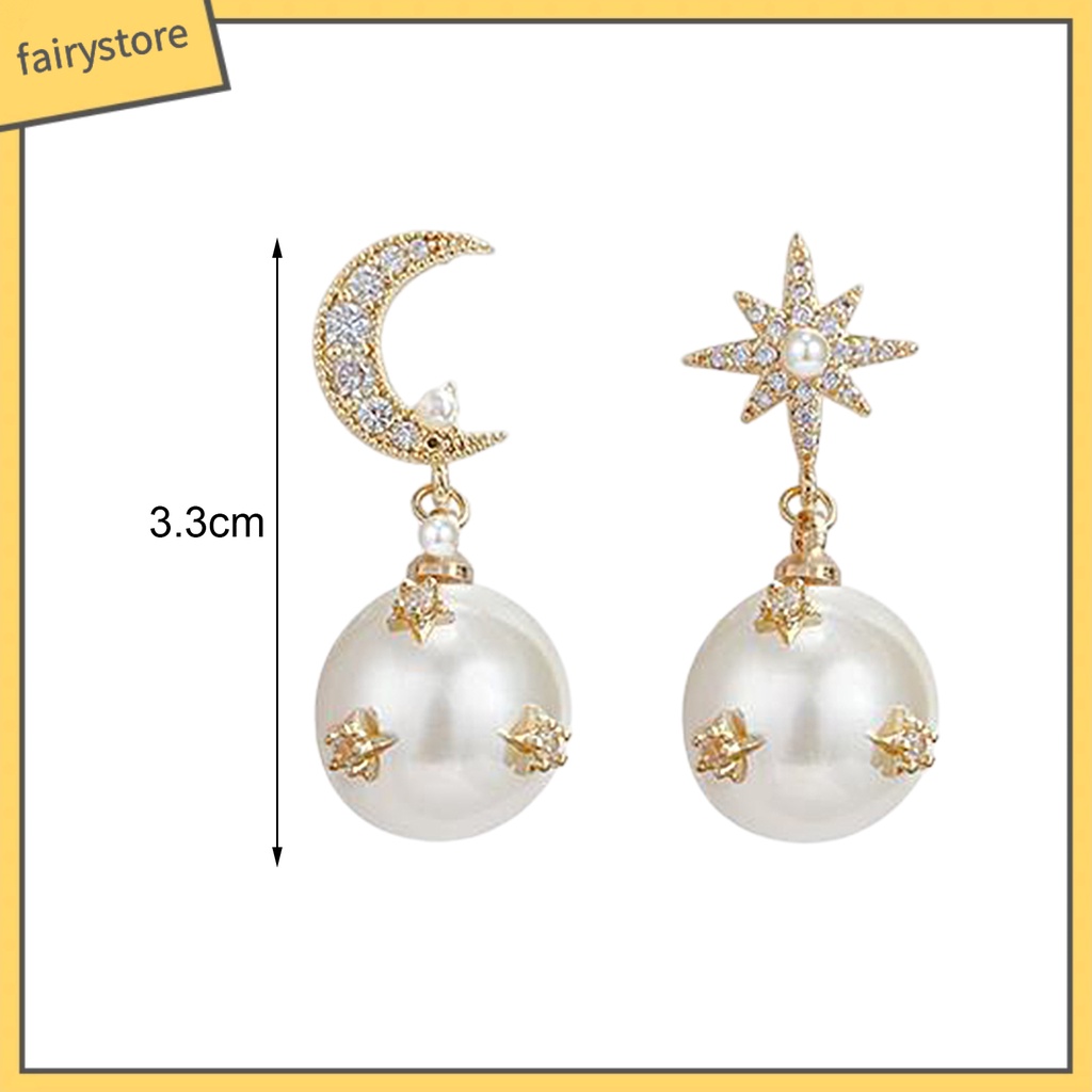 [FRO] 1 Đôi Bông Tai Bất Đối Xứng Hình Ngôi Sao Và Mặt Trăng Đính Ngọc Trai Nhân Tạo Phong Cách
