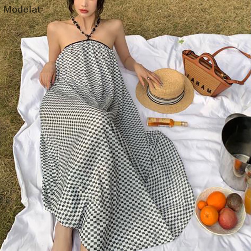 Đầm Chiffon Hai Dây Hở Lưng Họa Tiết Sọc Caro Phong Cách Boho Quyến Rũ Cho Nữ