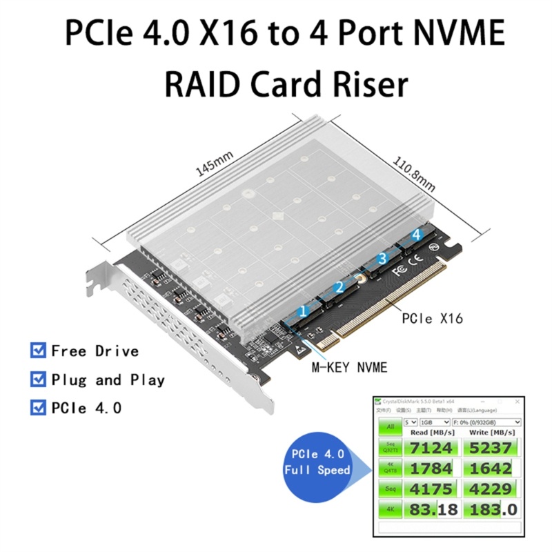 Card Chuyển Đổi PCI-E4 0 X16 Sang 4 Cổng M 2 SSD NVME Cho Ổ Đĩa Máy Tính