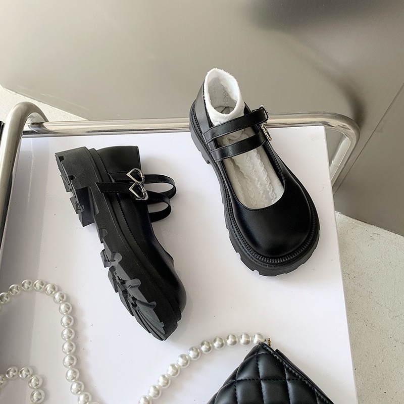 Giày Da Đế Dày Phối Khóa Hình Trái Tim Phong Cách Mary Jane Cổ Điển Thời Trang Cho Nữ