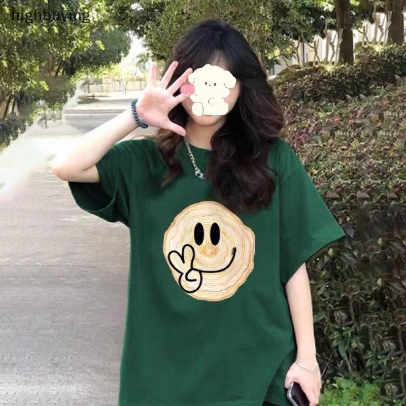 Áo Thun Tay Ngắn Cổ Tròn In Hình Mặt Cười Phong Cách Retro Cho Nữ