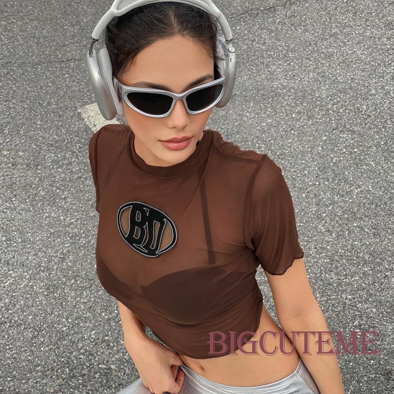 Áo Thun Lưới Tay Ngắn Cổ Tròn Thêu Chữ Phong Cách Đường Phố Cho Nữ