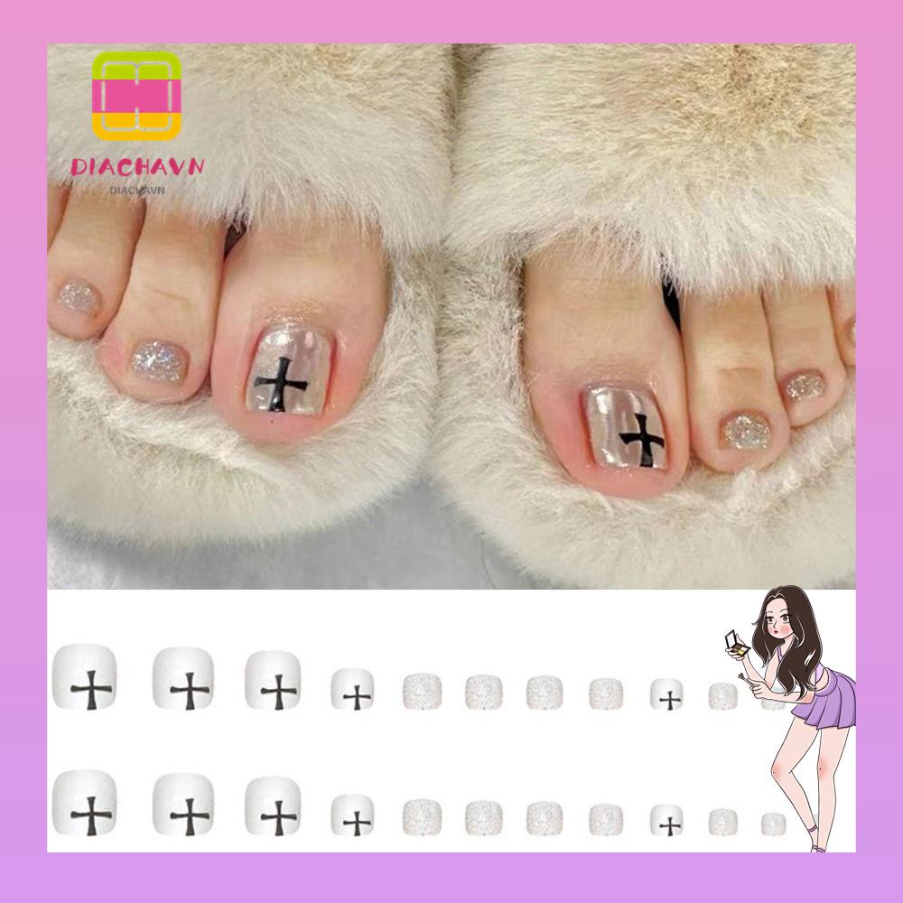 Set 24 Móng Chân Giả Hình Vuông Ngắn Phong Cách Pháp Dành Cho Nữ
