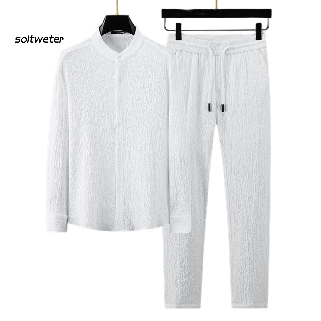 1 Bộ Áo Sơ Mi Cổ Đứng Phối Quần Dài Màu Trơn Đính Một Hàng Khuy Kiểu Đường Phố Thời Trang Mùa Thu Cho Nam