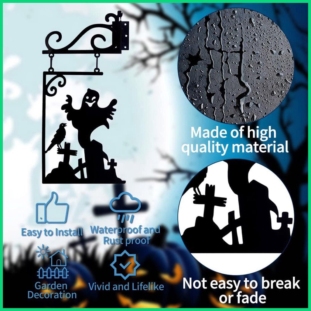 Biển Hiệu Kim Loại Treo Tường Trang Trí Halloween Hình Ma Mèo Đen