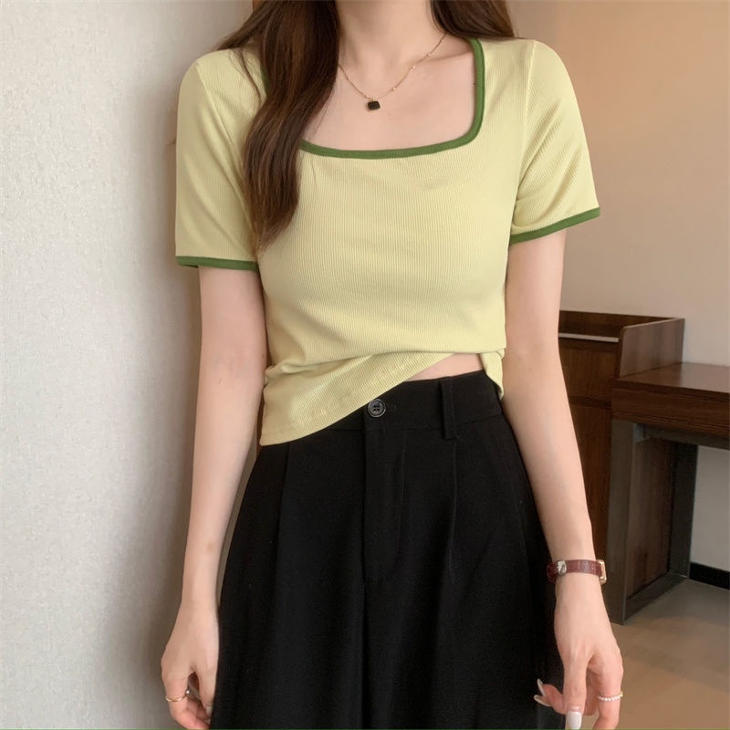 Áo Thun Tay Ngắn Cổ Vuông Hở Xương Quai Xanh Thời Trang Mùa Hè Mới 2023
