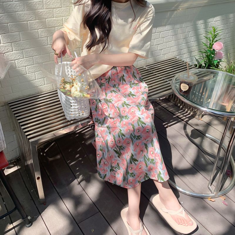 Chân Váy Chữ A Lưng Cao Dáng Ôm In Họa Tiết Hoa Thời Trang Xinh Xắn Cho Nữ