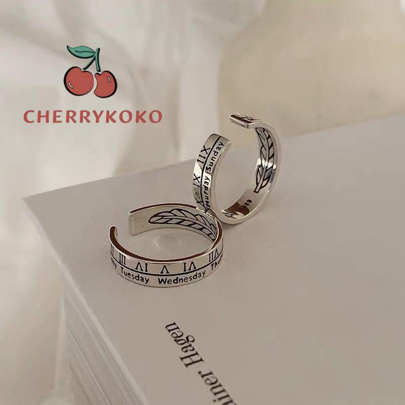 🍒🍒CHERRYKOKO Nhẫn nam và nữ bằng thép không gỉ màu bạc / đen với mẫu số La Mã Nhẫn cặp đôi nhẫn màu bạc Nhẫn không gỉ mở vòng