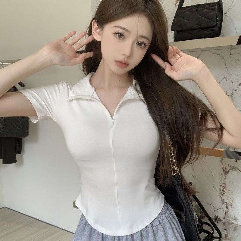 Áo Thun Ngắn Tay Cổ Cao Có Khóa Kéo Thời Trang Mùa Hè Cho Nữ