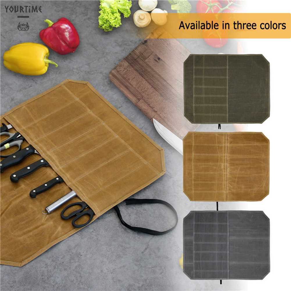 Túi Đựng Dao Nĩa 7 Ngăn Bằng Vải Bạt Dùng Khi Đi Cắm Trại Ngoài Trời