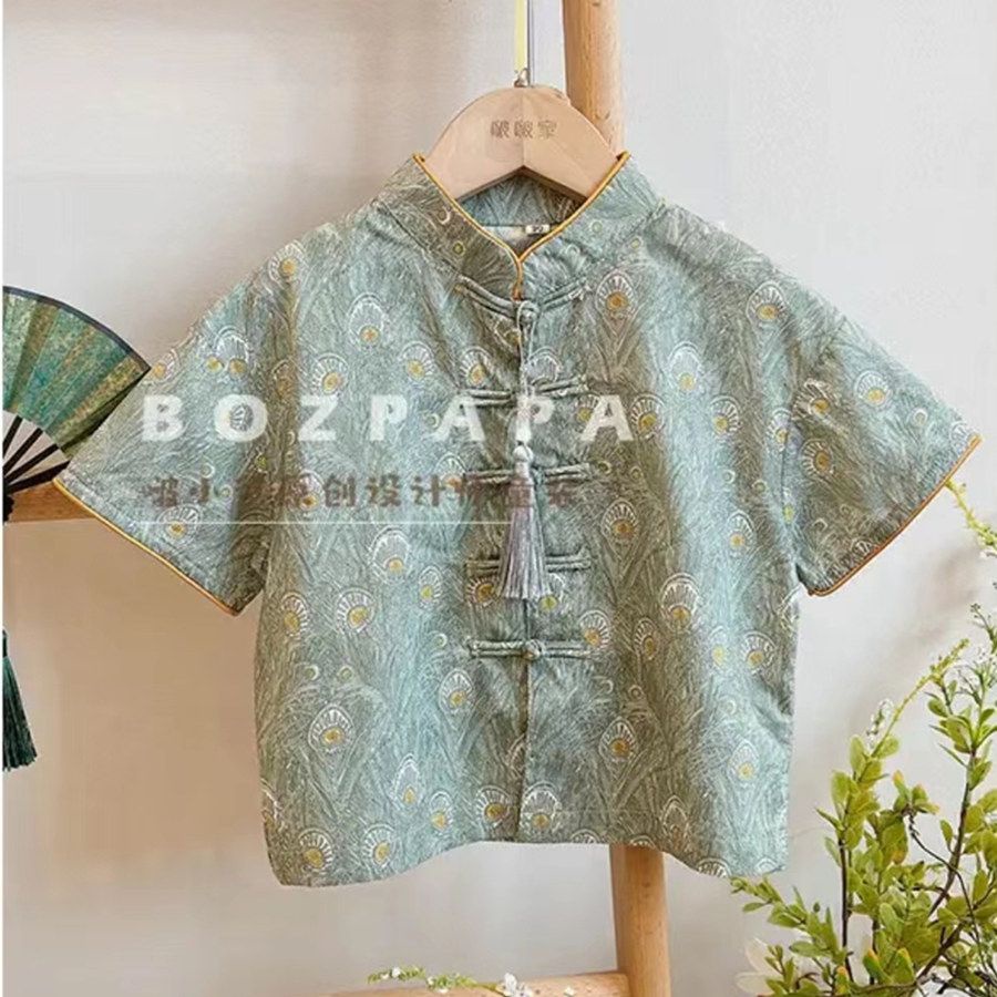 Áo Sơ Mi Ngắn Tay Cài Nút Họa Tiết Tùy Chỉnh Phong Cách Trung Hoa Cổ Điển Thời Trang Mới Cho Bé Trai