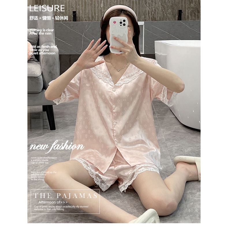 Bộ Đồ Ngủ Tay Ngắn Cổ Chữ v Bằng Lụa Mỏng Phối Ren Phong Cách Phương Tây Thời Trang Mùa Hè Cho Nữ