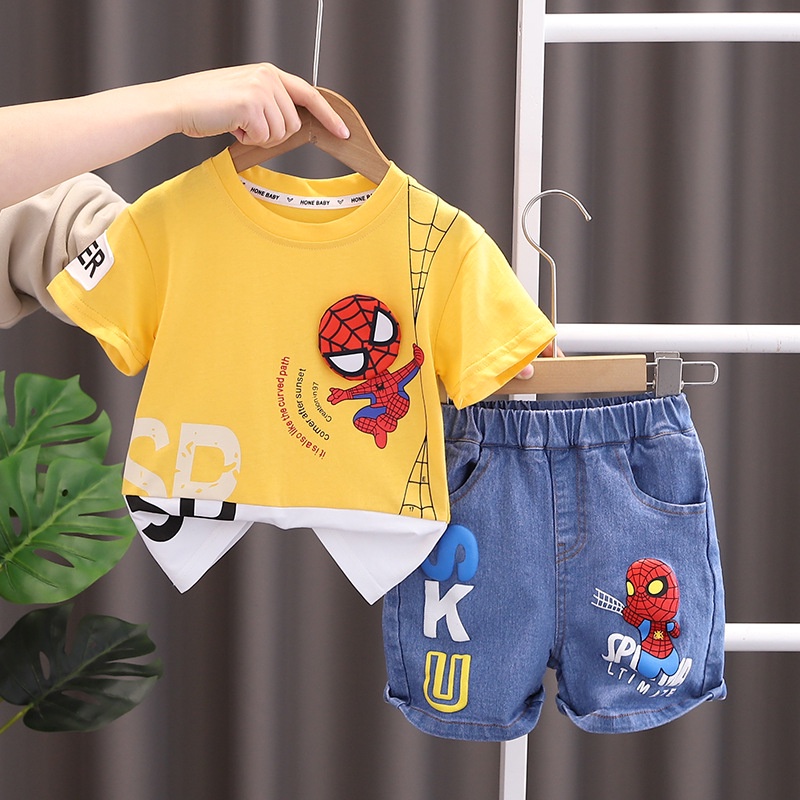 Set Đồ Mùa Hè 2 Món Gồm Áo Cotton In Hình Người Nhện Hoạt Hình + Quần Ngắn Denim Cho Bé Trai